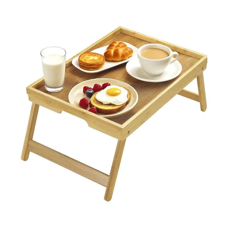 Rectangular bamboo bed tray table with foldable legs for sofa bed and living room, using laptop snack and beverage trays
