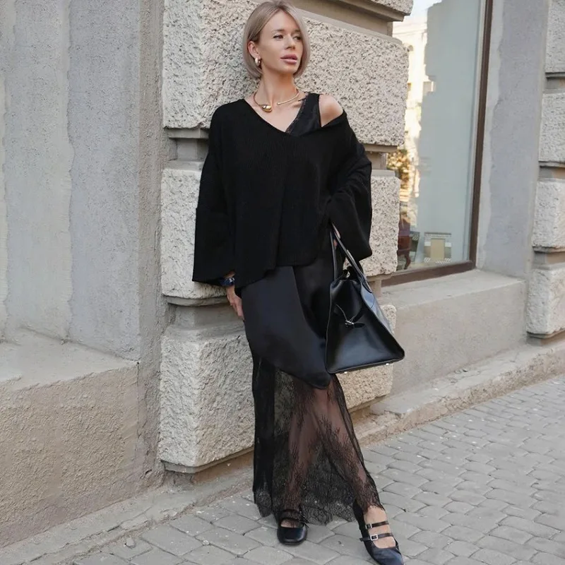 Talenza noir Satin dentelle robe élégante nouvelle dentelle Patchwork transparent robe sans bretelles mode décontracté fête Sexy femmes robes