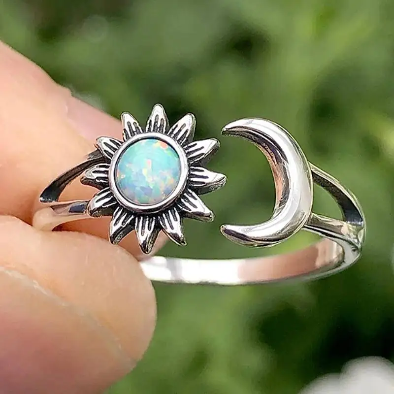 Huitan Imitation Opal Opening Ring for Women Sun and Moon Design Aesthetic Party Daily Accessories Fresh Style Trendy Jewelry