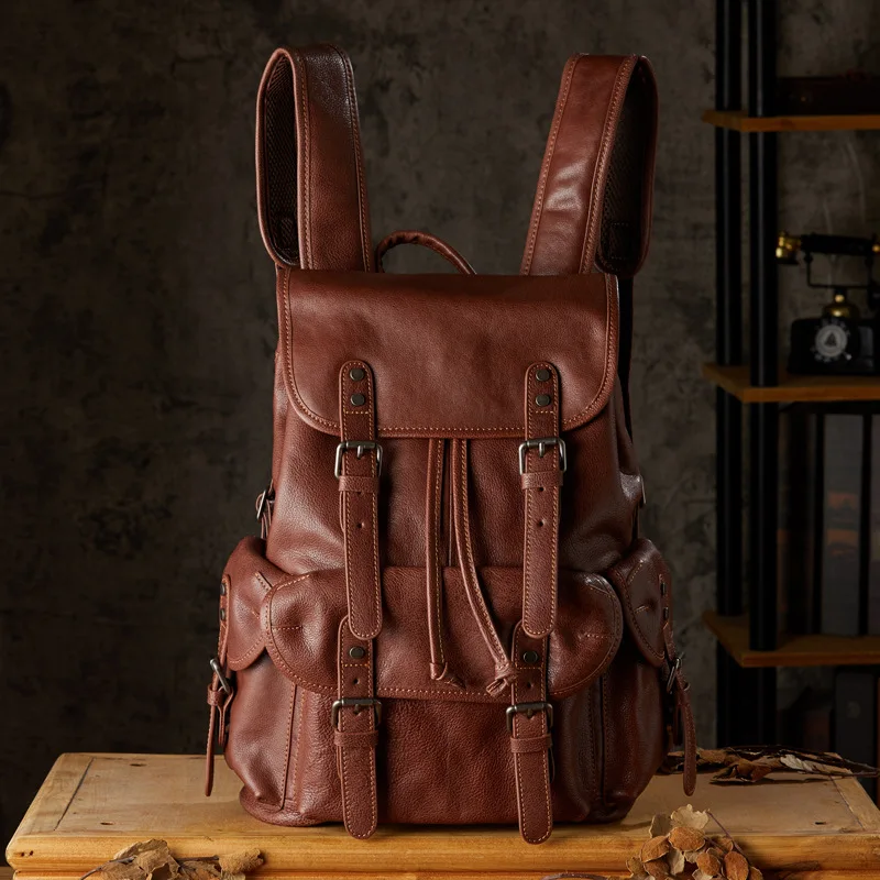 

Cowhide Leather Backpack For Men Handmade Vegetable Tanned Genuine Leather Rucksack Vintage Knapsack Large Capacity Laptop Bag