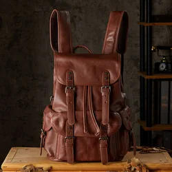 Cowhide Leather Backpack For Men Handmade Vegetable Tanned Genuine Leather Rucksack Vintage Knapsack Large Capacity Laptop Bag
