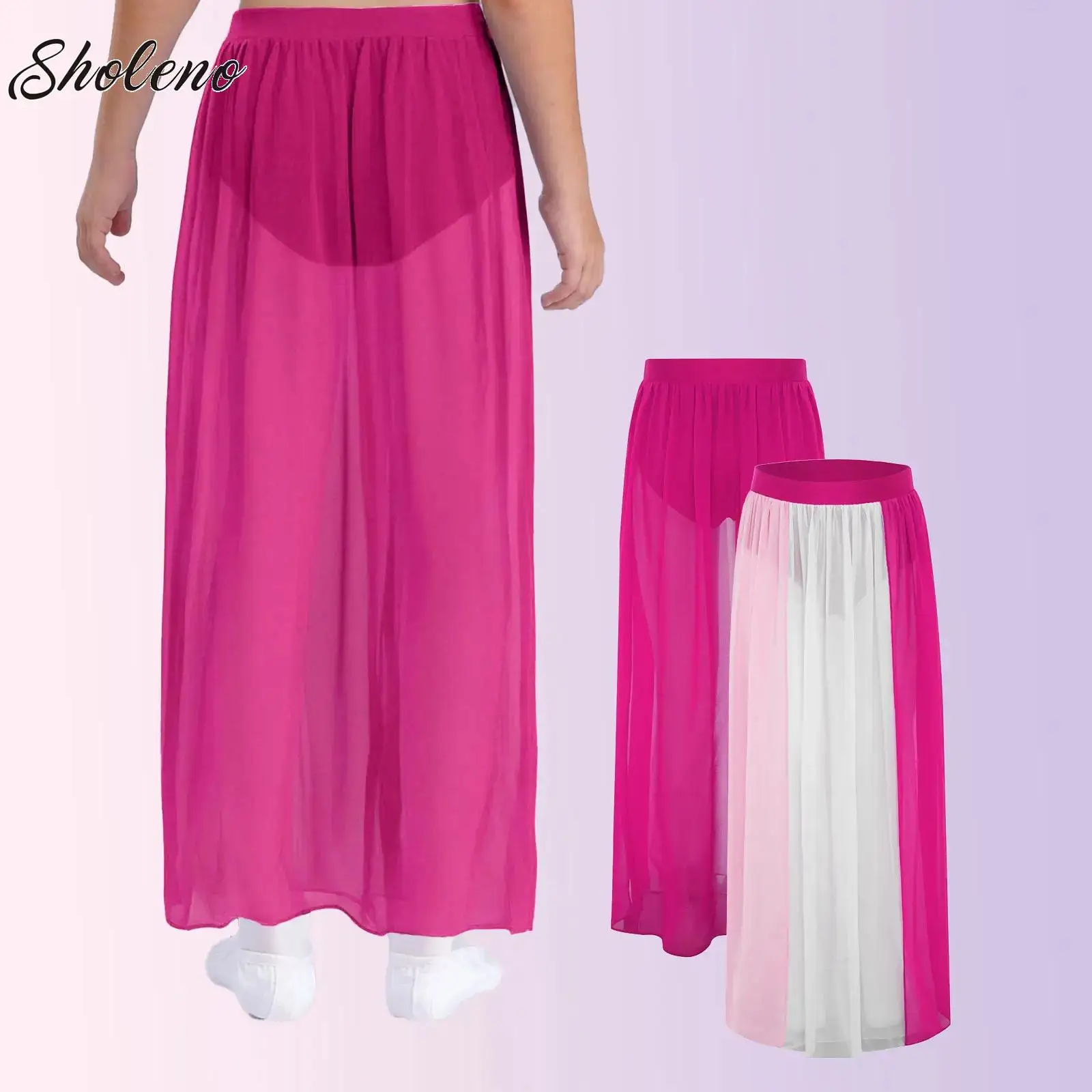 

Kids Dance Skirt Girls Lyrical Modern Dance Stage Performance Costume Color Block Split Flowy Chiffon Long Skirt Ballet Dress