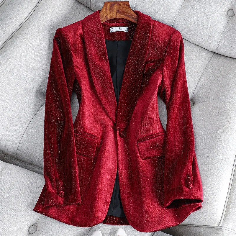 Women\'s Gold Velvet Blazer, Office Lady Spring Autumn Foreign Atmosphere, Red Blazers Suit, OL Professional Wear Blazers