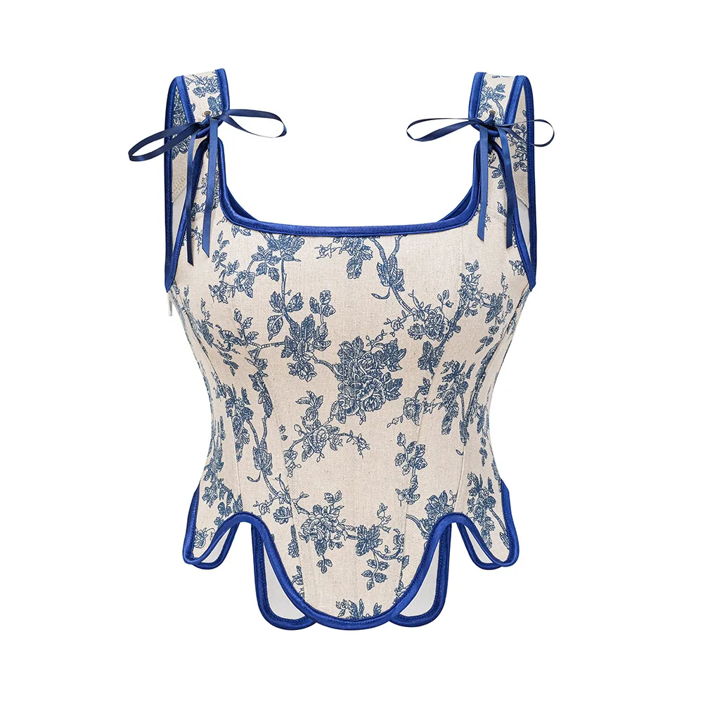 Medieval Women Corsets Top Vintage Gothic Floral Printed Lace up Overbust Bustier Double Strap Body Shapewear Slimming Vest