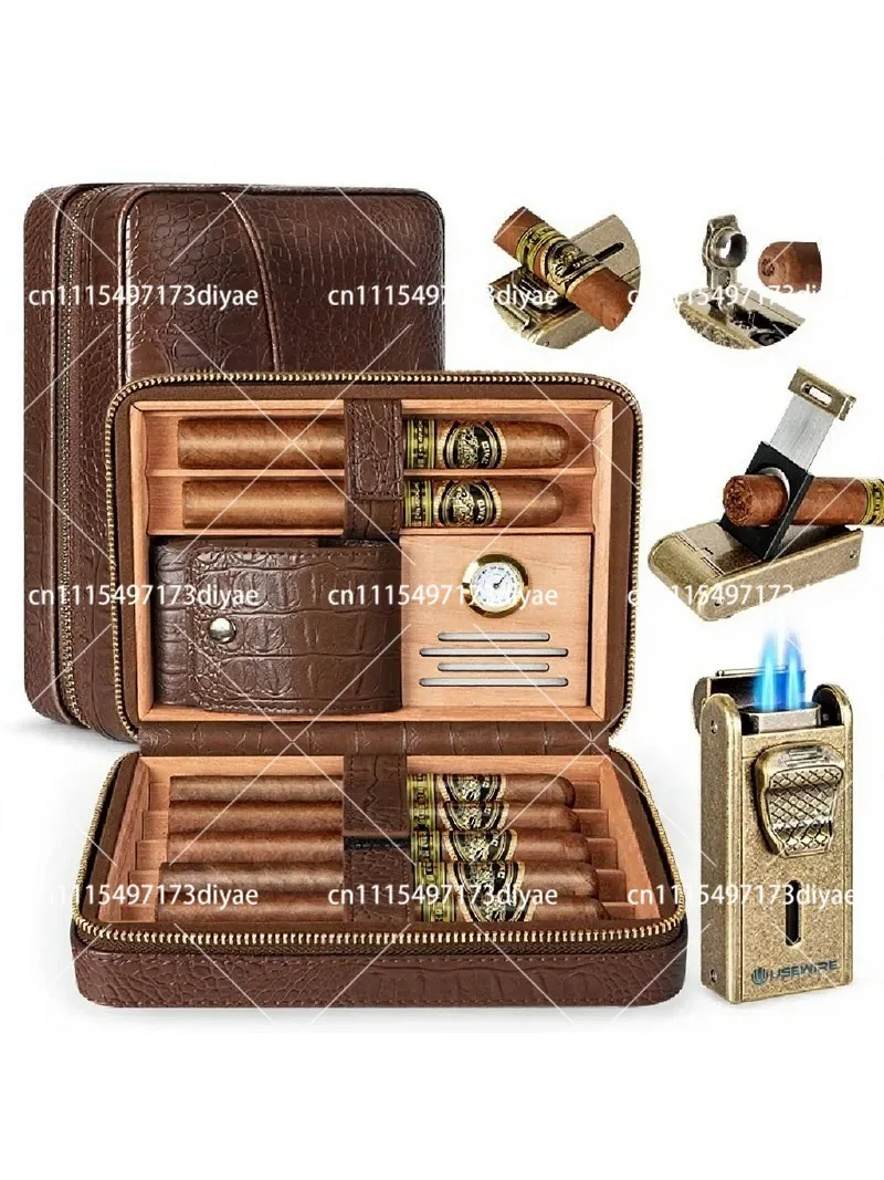 Leather Cigar Humidor with Lighter Built-in Cutter Punch Humidifier Cedar Tray