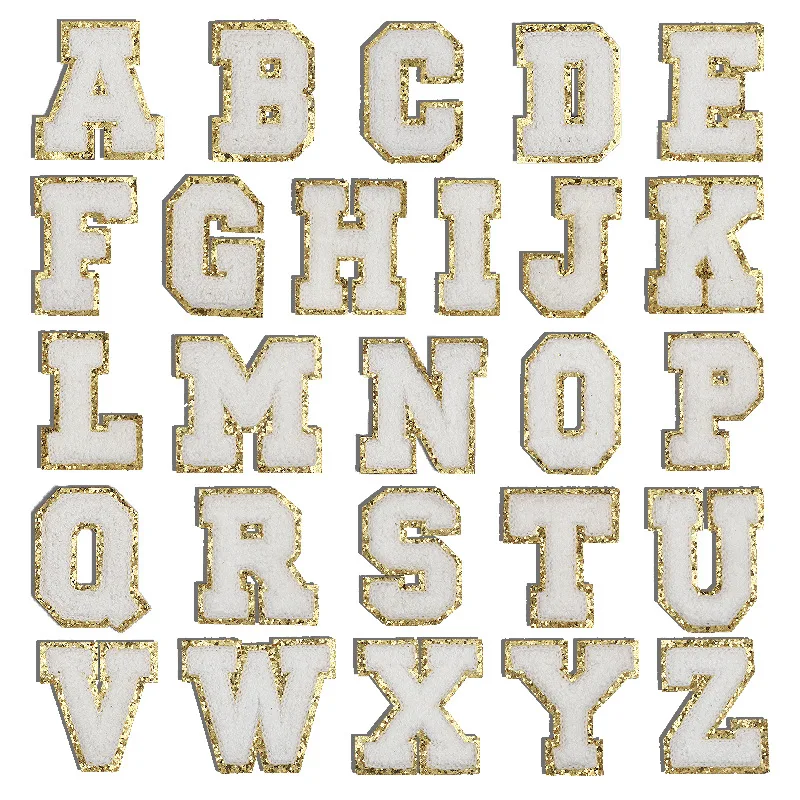 White Shiny Chenille Embroidery Patch 26 Letters Fashion Embroidery Patch Sticking Iron Stamp Clothes Shoes Bags Accessories