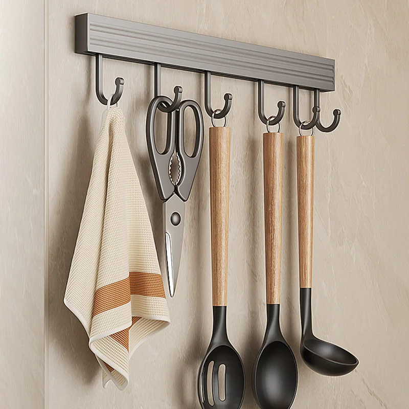 Wall Mounted Hooks Rack Punch Free Kitchen Utensils Shelf Storage Row Holder Bathroom Towel Hanger Removable Multi-Purpose Hooks