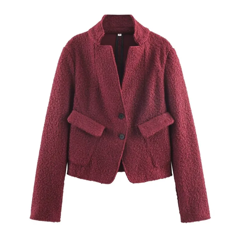 

HipSeam Women Boucle Wool Jacket Autumn High Neck Long Sleeve Button Women's Patch Pockets Coats Female Chic Tops