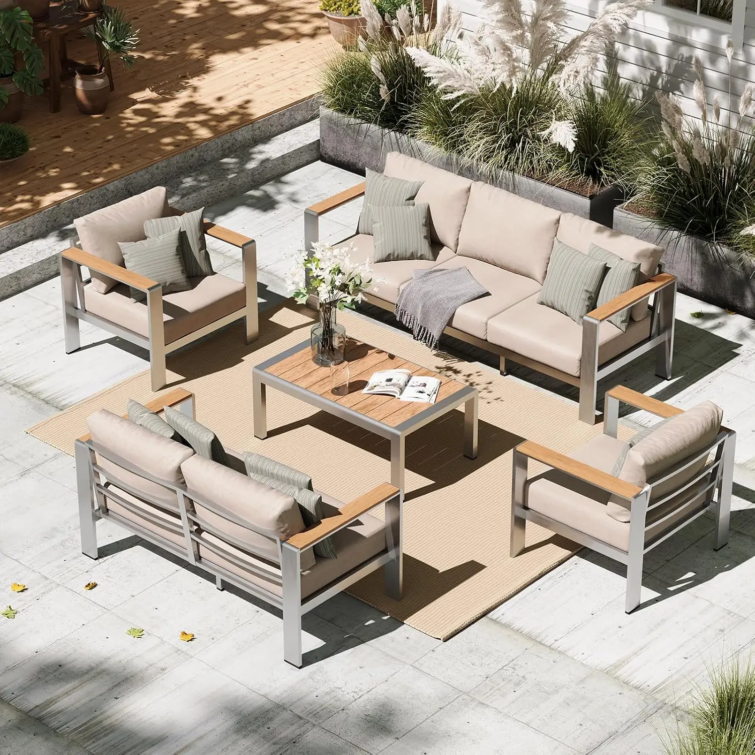

Aluminum Outdoor Patio Furniture Set with Coffee Table, 5 Piece Outdoor Conversation Sets with Washable Thick, Customized