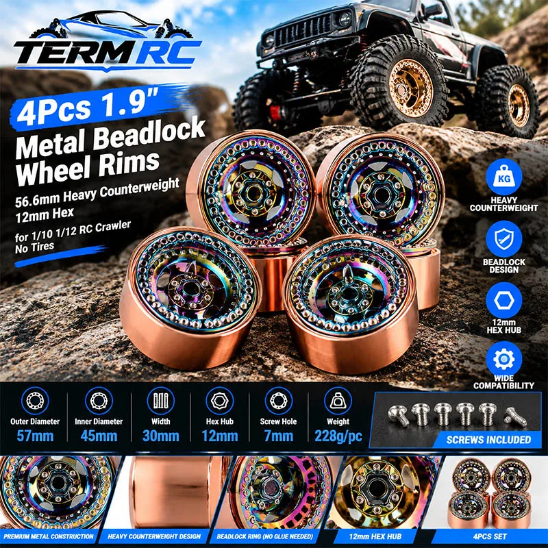 4Pcs 1.9" Brass Beadlock Wheel Rims Negative Offset Heavy Counterweight 12mm Hex for 1/10 1/12 RC Crawler Compatible with KMC TR