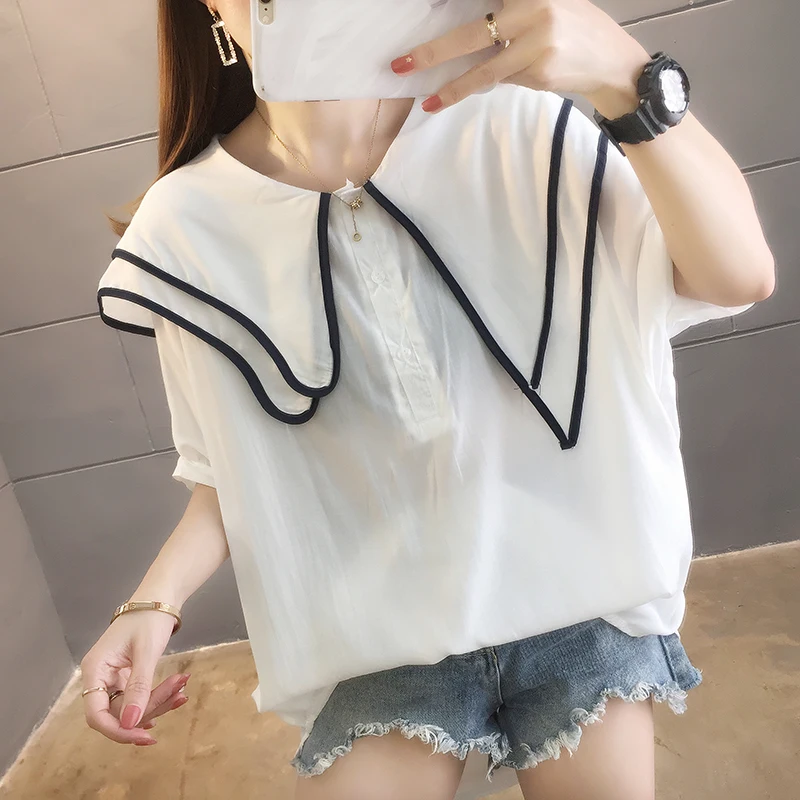 DAYIFUN 2024 Summer Thin Shirts Female New Summer Doll Neck Chiffon Thin Blouses Korean Loose Short Sleeved Blusas Women's Tops