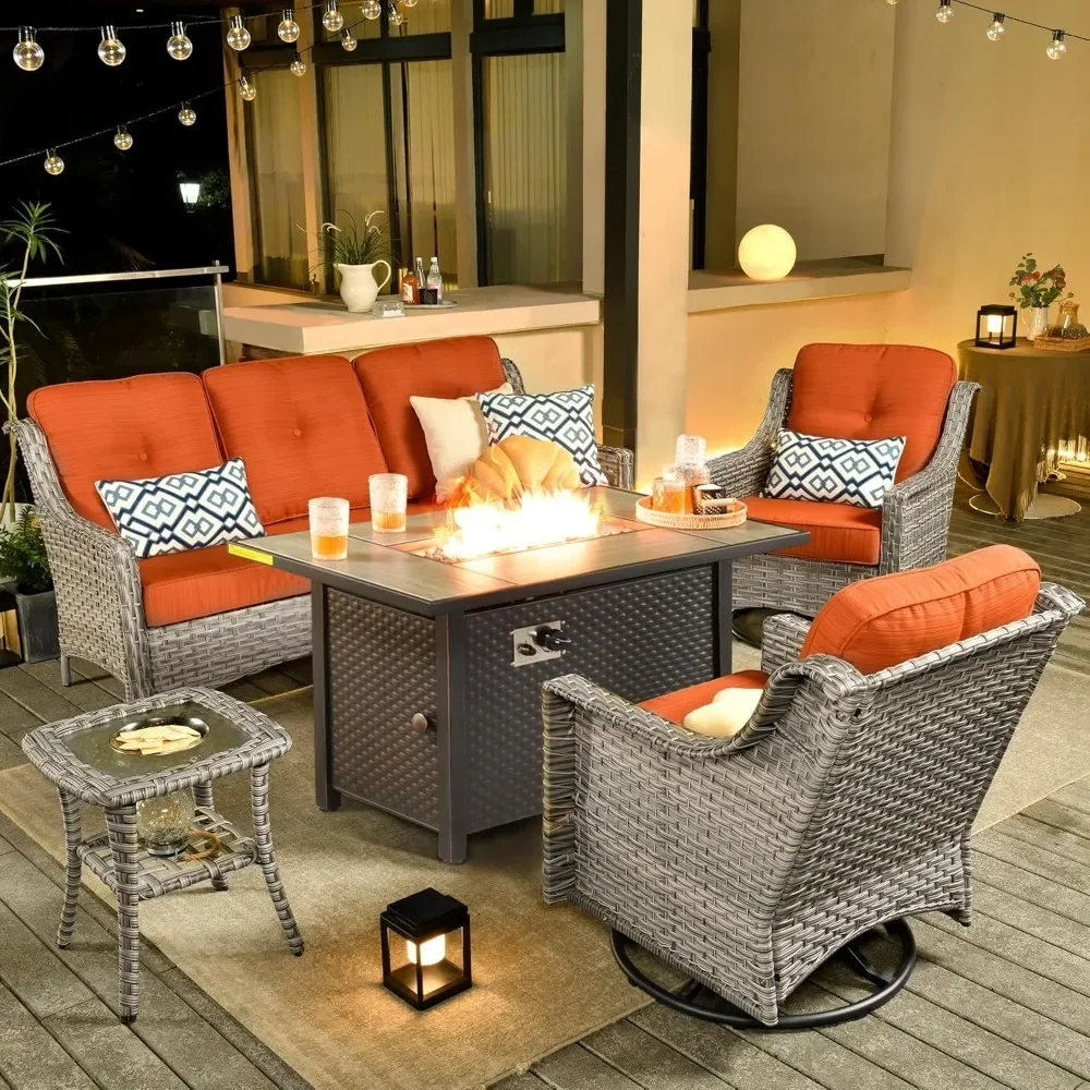 Outdoor 5 Piece Patio Furniture Wicker Coversation Set with Swivel Rocking Chair,Comfy Sectional Deep Sofa for Outside Porch