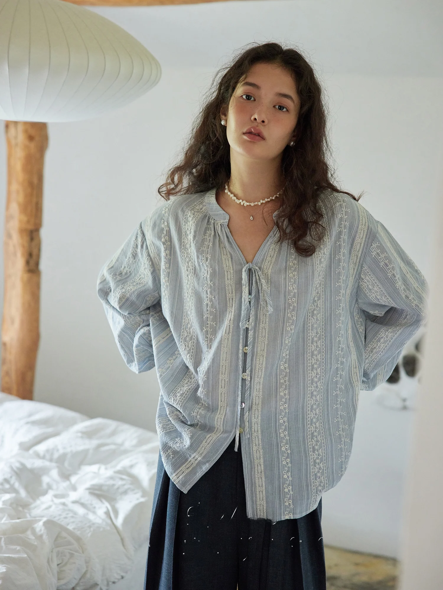

Blue Embroidered Shirt Vintage Style Girl's Loose Fit Long Sleeve Button down Collar Design Cotton Polyester Blend Autumn Wear