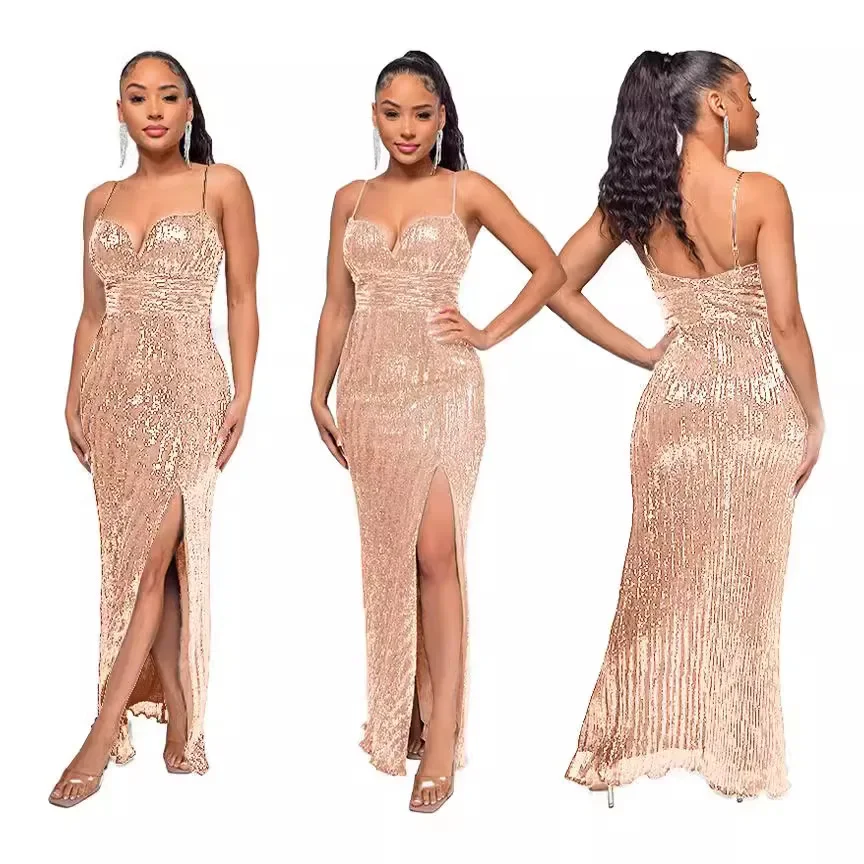 Womens Split halter Jurken formele gelegenheden Kriskras Pailletten Elegante Feestjurken vrouw Cocktail Prom Avondjurken HX56