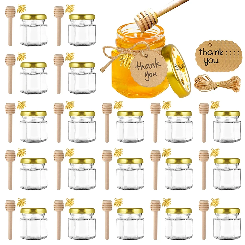 Mini Honey Jars Wedding Gifts For Guests Hexagon Honey Jars-1.5oz/45ml with Gold Cover Thanks Tags For Baby Shower Bridal Shower