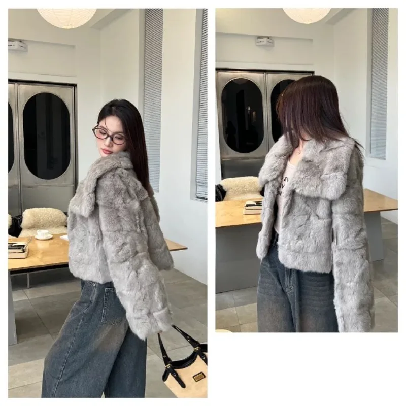 2026 جديد الثقيلة الأرنب الفراء سترة نسائية بسيطة التنقل قصيرة التلبيب الحراري يظهر أرنب الفراء الملمس معطف مستوى المظهر العالي