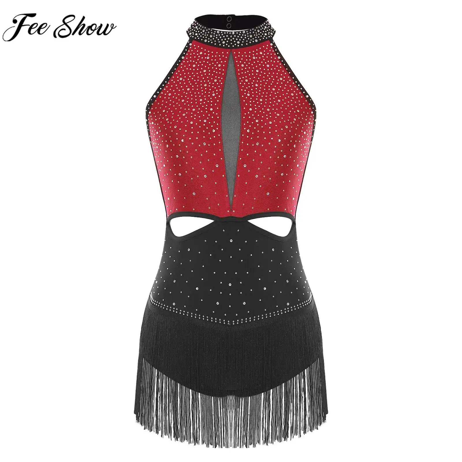 Women Tassel Latin Jazz Dance Bodysuit Cha-cha Samba Rumba Ballroom Gymnastics Costume Sleeveless Rhinestones Mesh Leotard