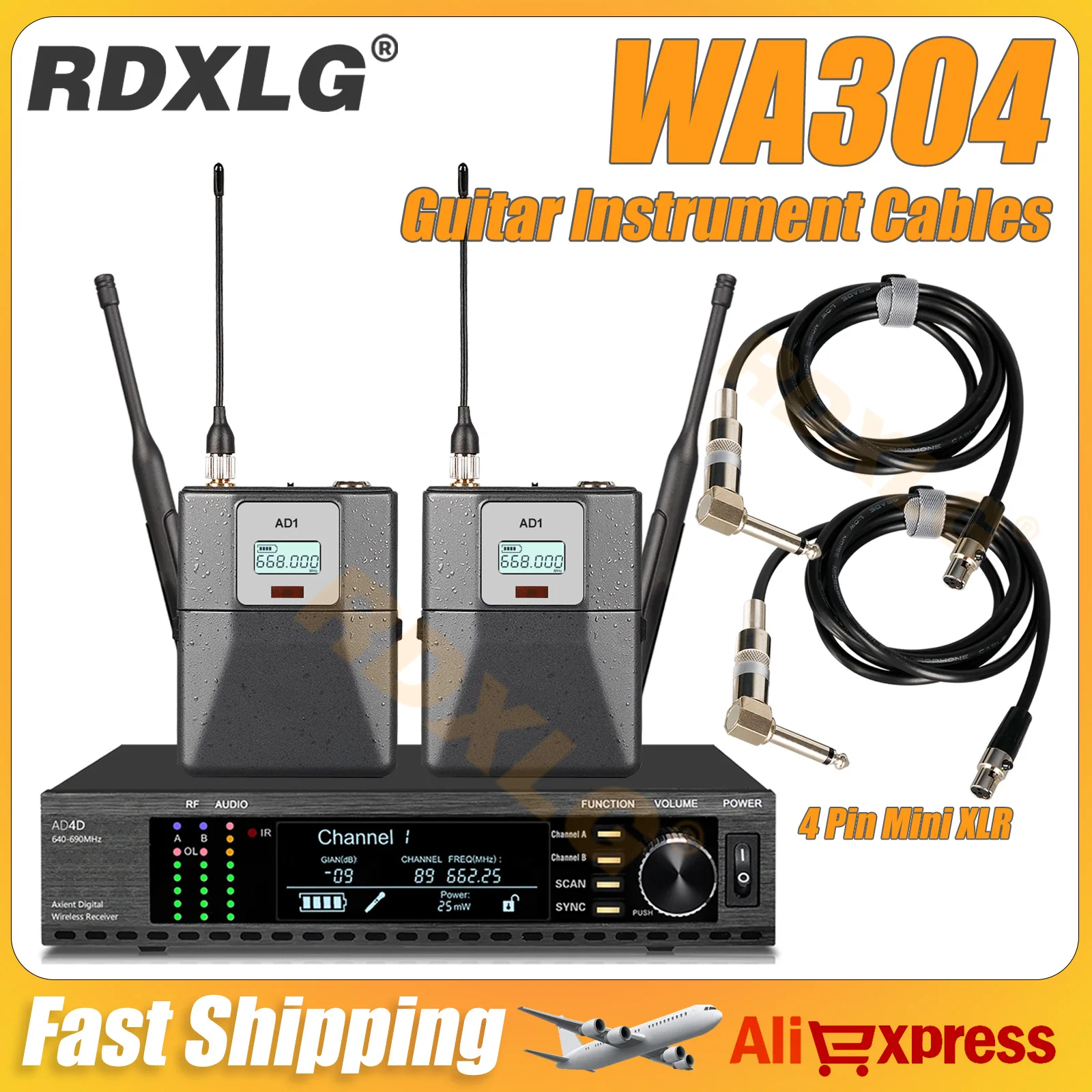 AD4D/AD1 WA304 Instrument Cables Professional Dual Channel Guitar Bass Wireless System Metal Transmitter And Receiver ,For Band