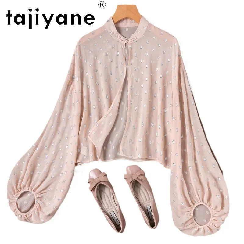 

TAJIYANE 100% mulberry silk Blouse Elegant Short Shirt Stand-up Collar Lantern Sleeves Spring Silk Cardigan Woman Clothing 2026