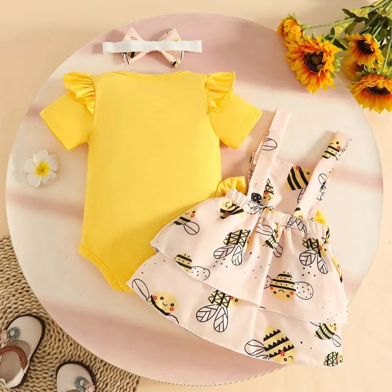 0-18 Months Summer Baby Clothing Girls 3PCS Outfits Short Sleeve Yellow Bodysuit+Bee Print Strap Dress+Headband Newborn Sets