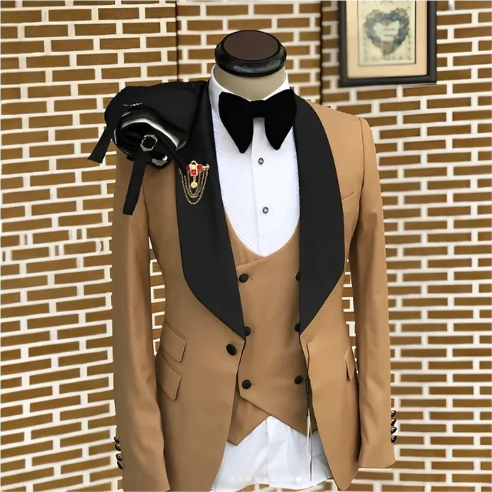 

Handsome Mens Suit 3 Pieces Tuxedo Black Shawl Lapel Elegant Formal Wedding Groom Prom Custom Man's Blazer Jacket Vest Pants Set