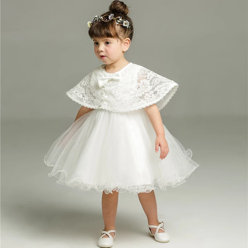 

Baby Girl Baptism Dresses Toddler White Lace Flower Tulle 1 Years Birthday Princess Party Dress Newborn Wedding Gown+ Lace Cape