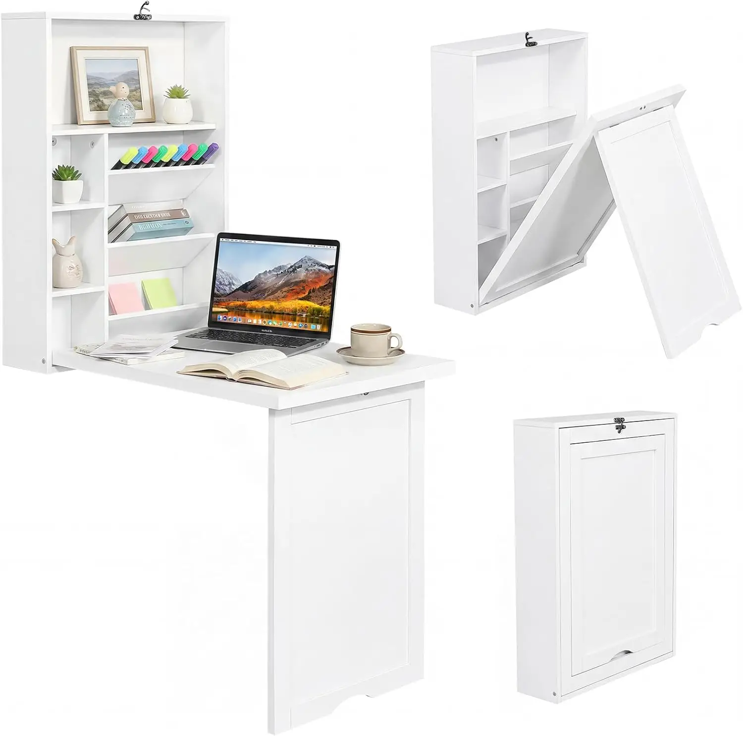 Folding Wall Mounted Desk, Convertible Floating Laptop Table, Home Office Study Workstation, Hanging Organizer Shelf With Storage Compartments, Modern Space Saving Furniture, White