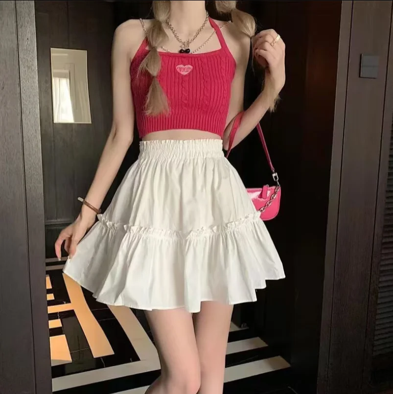 

Plus Size White Elastic Waist Mini Skirt Women's Korean Style Pleated Cake Skirt Short Wooden Edge Trim Fairylike A- Line Skirt