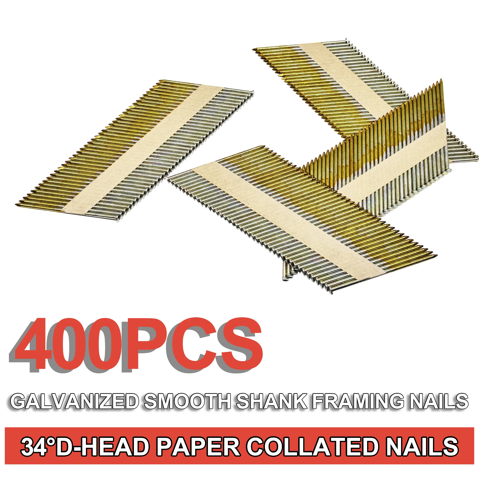 

400PCS D-Head Hot Dipped Galvanized Paper Tape Strip Nails for Construction Home Furniture Wood 34 Degree Framing Nailers