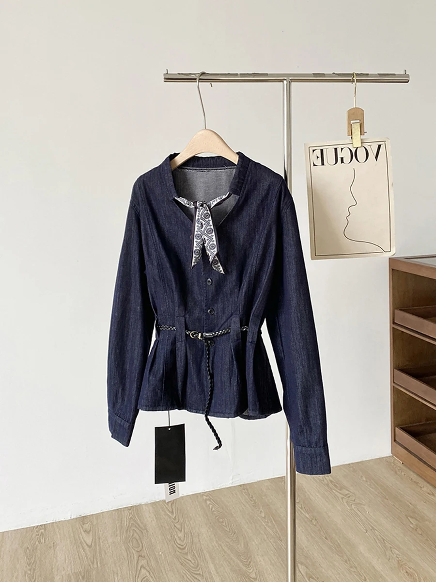 

Ele Long Sve irt for Women with Silk Scarf Casual Single Button Spring Autumn Faion Trend Loose Fit Other Sle