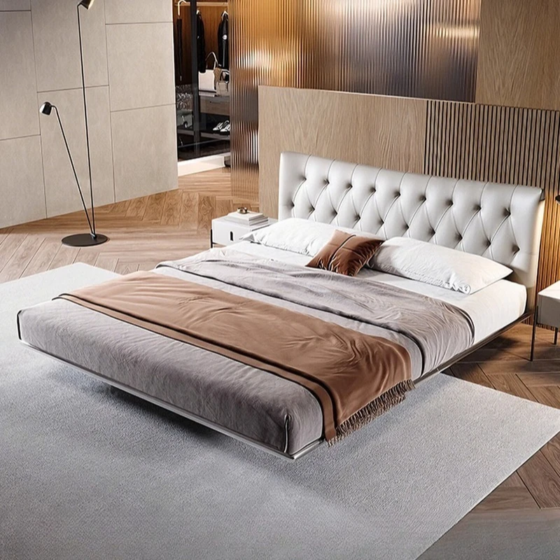 

Stainless steel suspension bed modern simple master bedroom 1.8m double soft bag leather bed Italian style