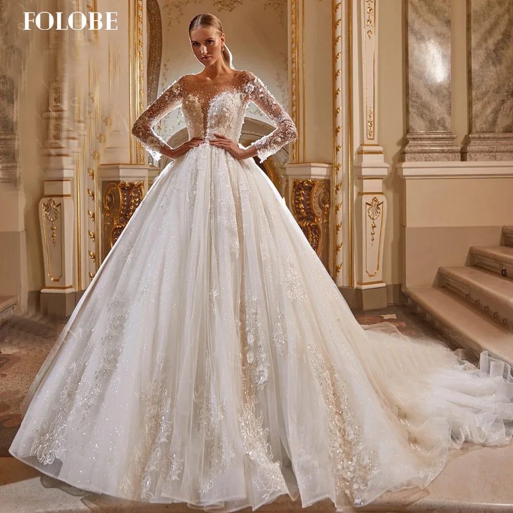 

FOLOBE Роскошное свадебное платье с вырезом лодочкой и бисером, жемчуг, трапециевидной формы, с длинными рукавами, кружевные аппликации, бальное платье принцессы для невесты по индивидуальному заказу