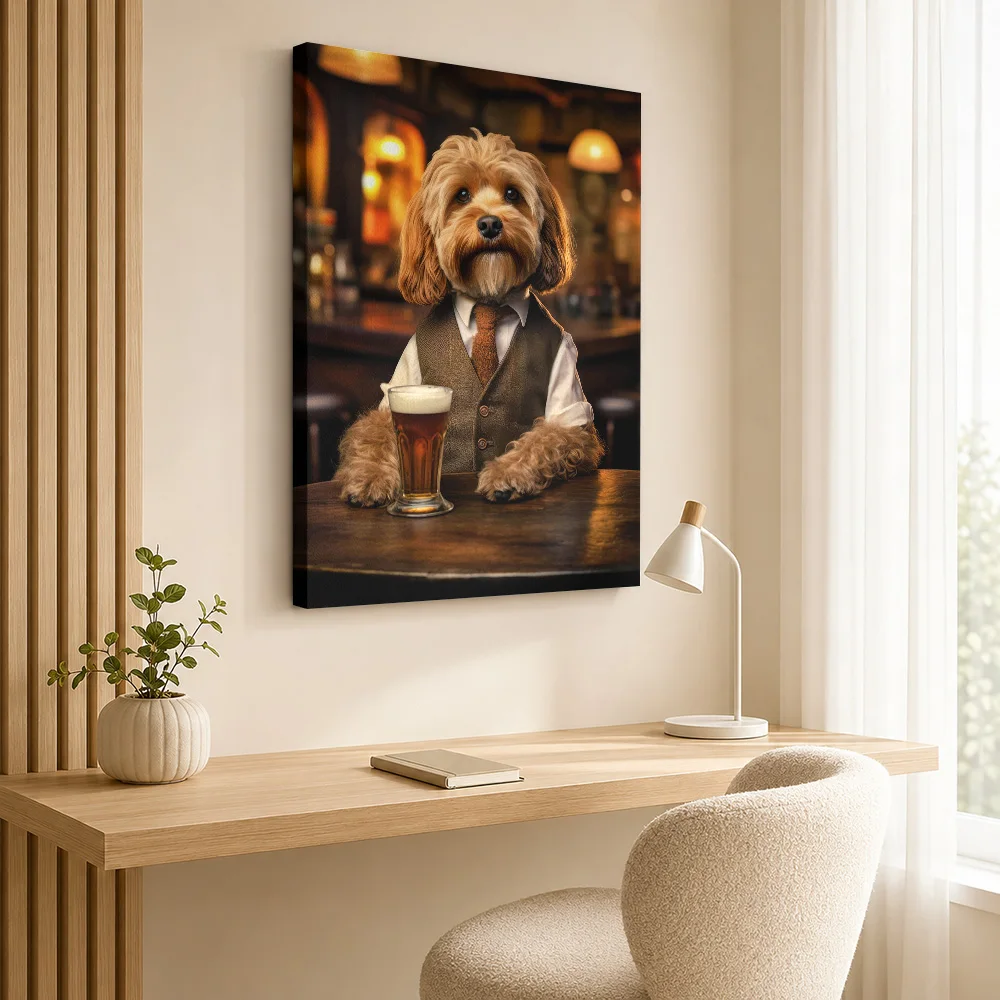 Cockapoo Dog With Pub Beer Wood Framed Canvas Print Personalized Photo Detailed Painterly Illustration Wall Art For Reading Nook