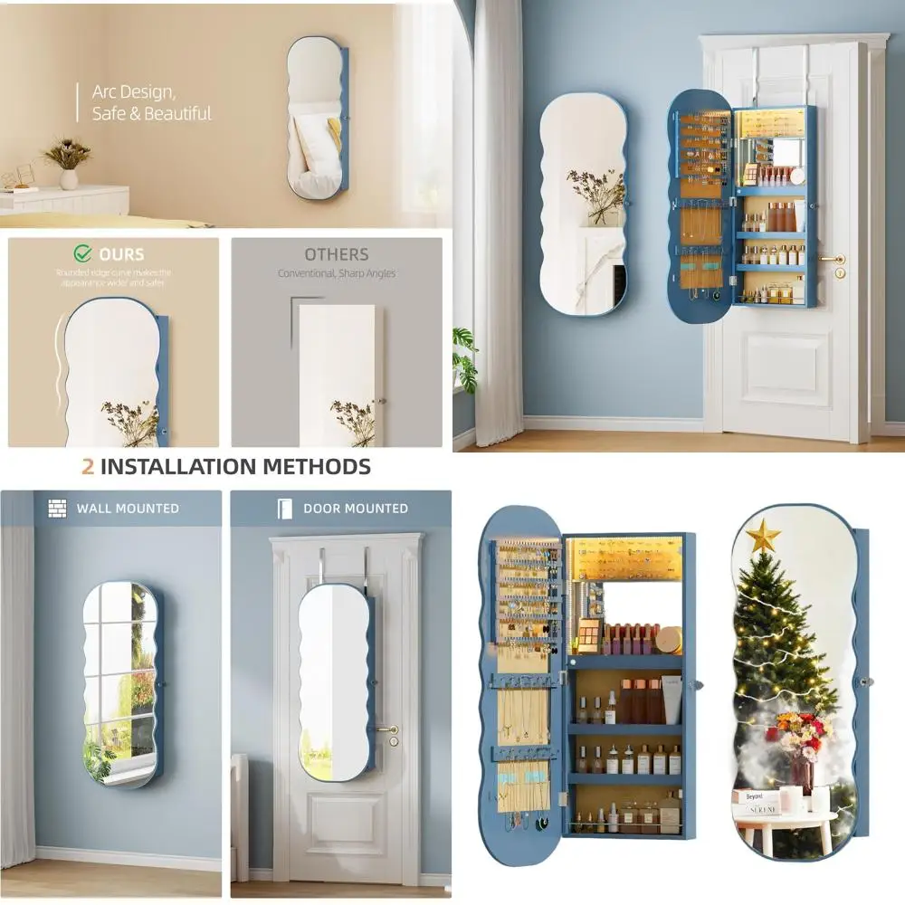 

LED-Illuminated Wall-Mounted Jewelry Cabinet with Lockable Storage and Wavy Mirror