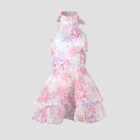 Chic Floral Printed Mini Dress Backless Sleeveless Hem Stacking Dresses Sweet A Line Vestidos 2025 New Lady Party Club Clothing