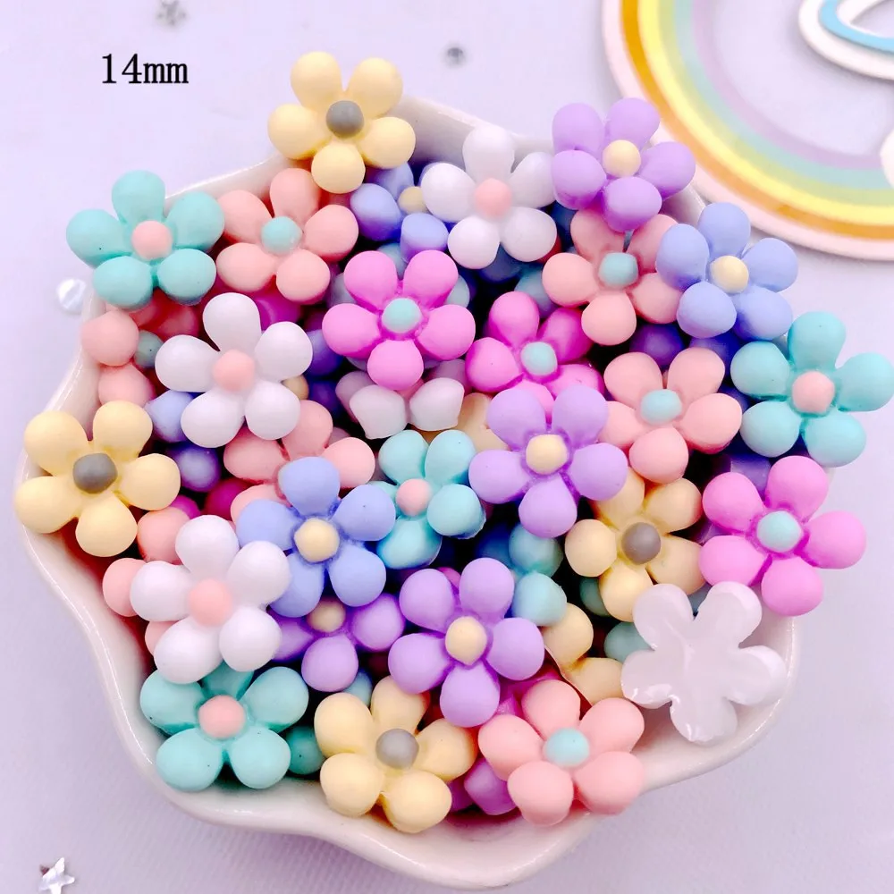 Spring Color 50Pcs 14mm Resin 3D Colorful Flower Flatback Figurines Scrapbook DIY  Hair Hoop Accessories Decor Crafts