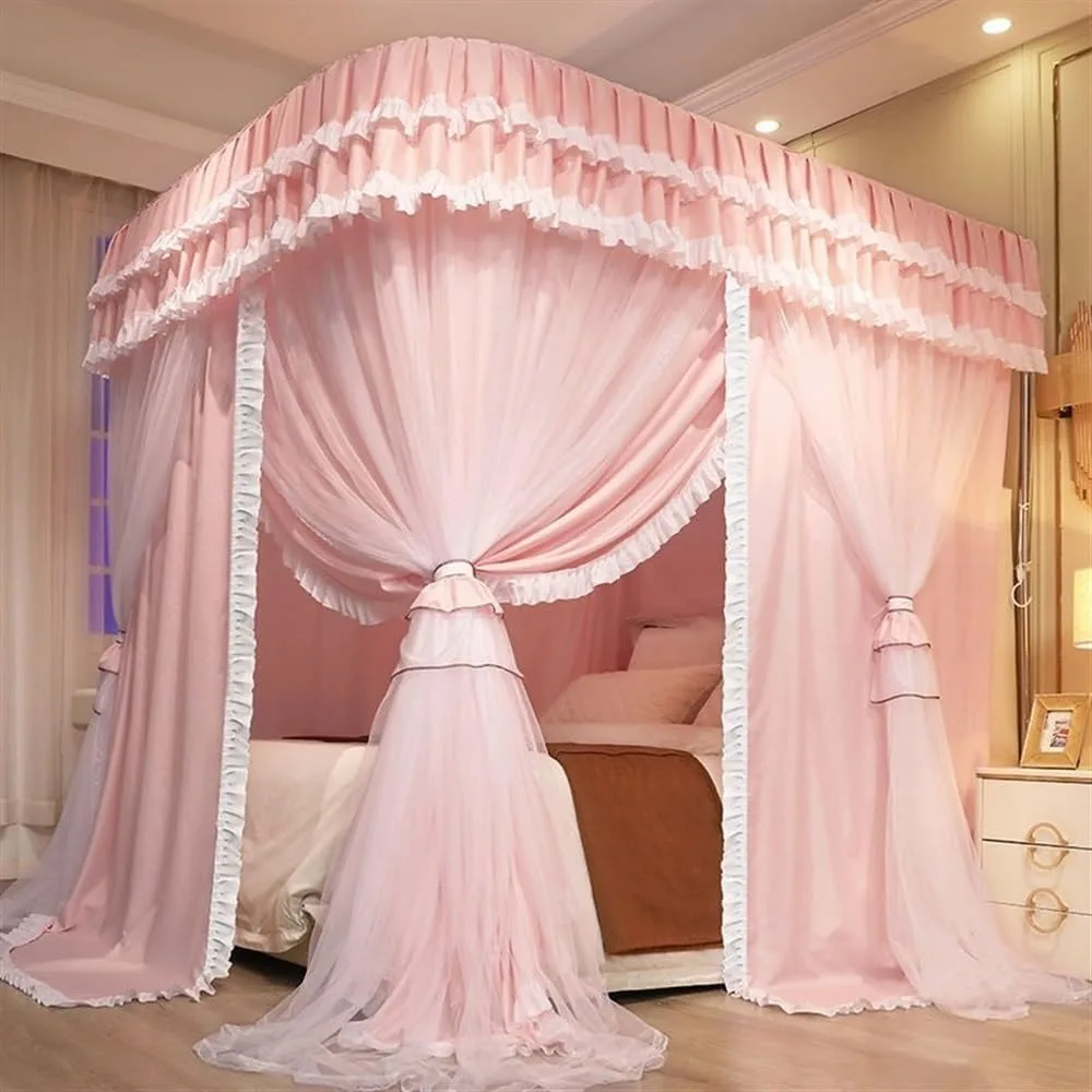 

Solid Double Layer Canopy Bed Curtains, Bed Canopy Set with Ruffle, Netting 4 Opening Mosquito Net, U-Shaped Frame for Adults Be