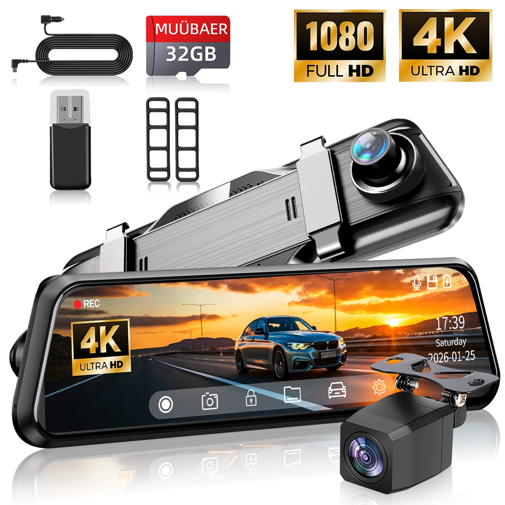 

10-дюймовый 4K видеорегистратор-зеркало для автомобилей и грузовиков, камера заднего вида с сенсорным экраном, ночным видением и G-сенсором