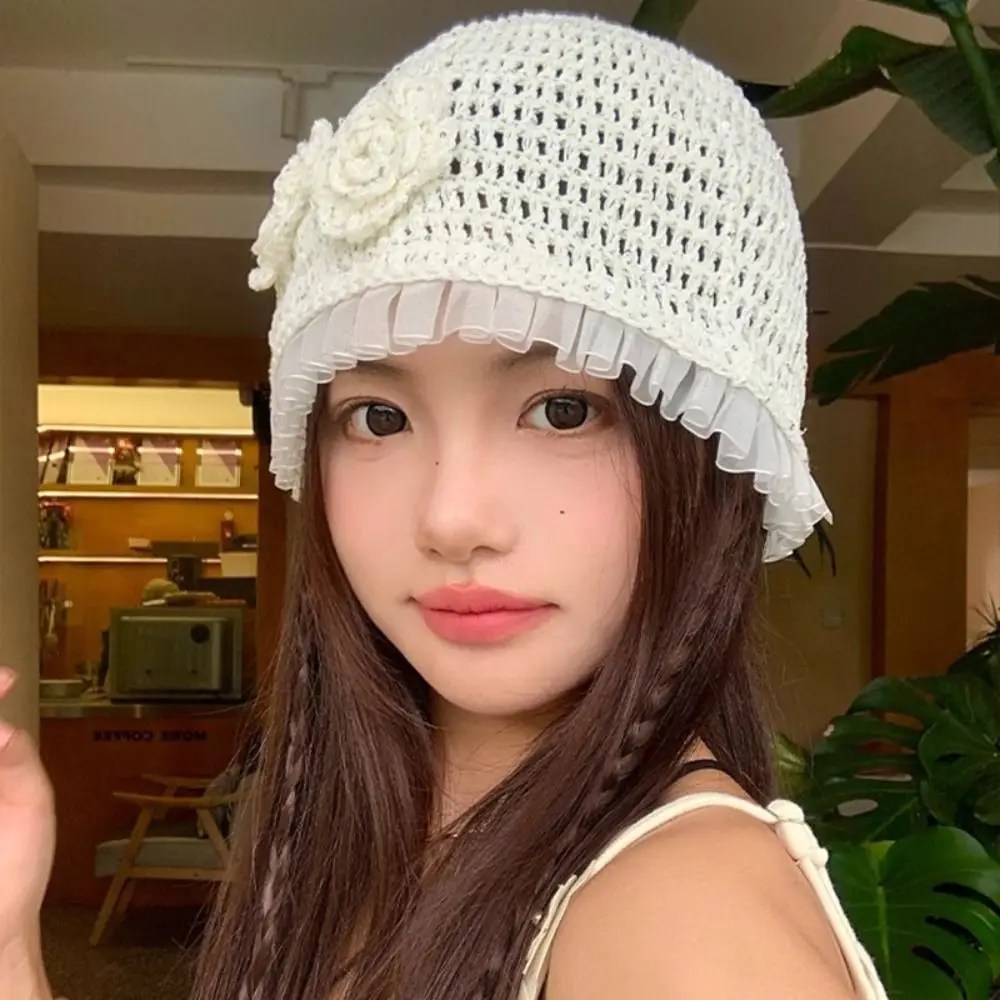 

Retro Handmade Crochet Flower Hat Glitter Bling bling Lace Beanies Hat Hollow Out Korean Sequin Knitted Hat Spring and Summer