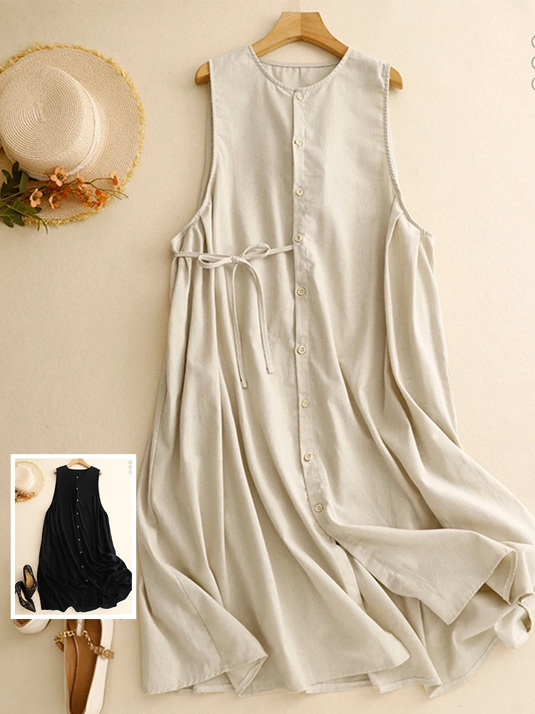 

Plus Size Artistic Pure Color Cotton Linen Svel Long Waist-Cinching Slimming round Ne Dr Summer Casual Loose Fit A-Line Skirt