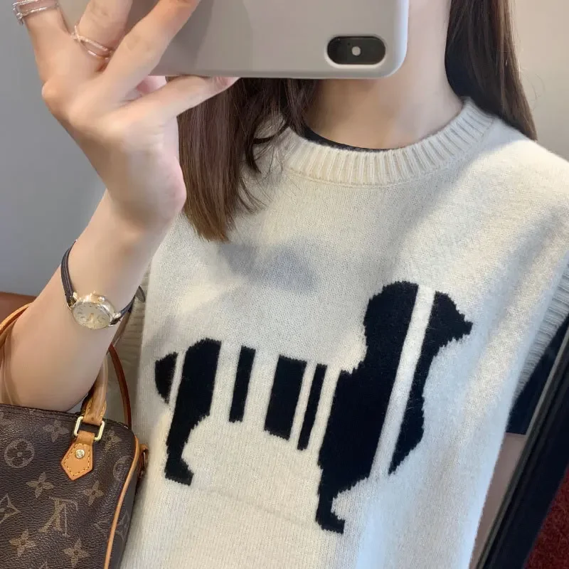 Nowy kamizelka z dzianiny damski wiosenny jesienny luźny sweter styl Preppy bez rękawów Y2K damski koreański bluzki z dzianiny wełniany z okrągłym