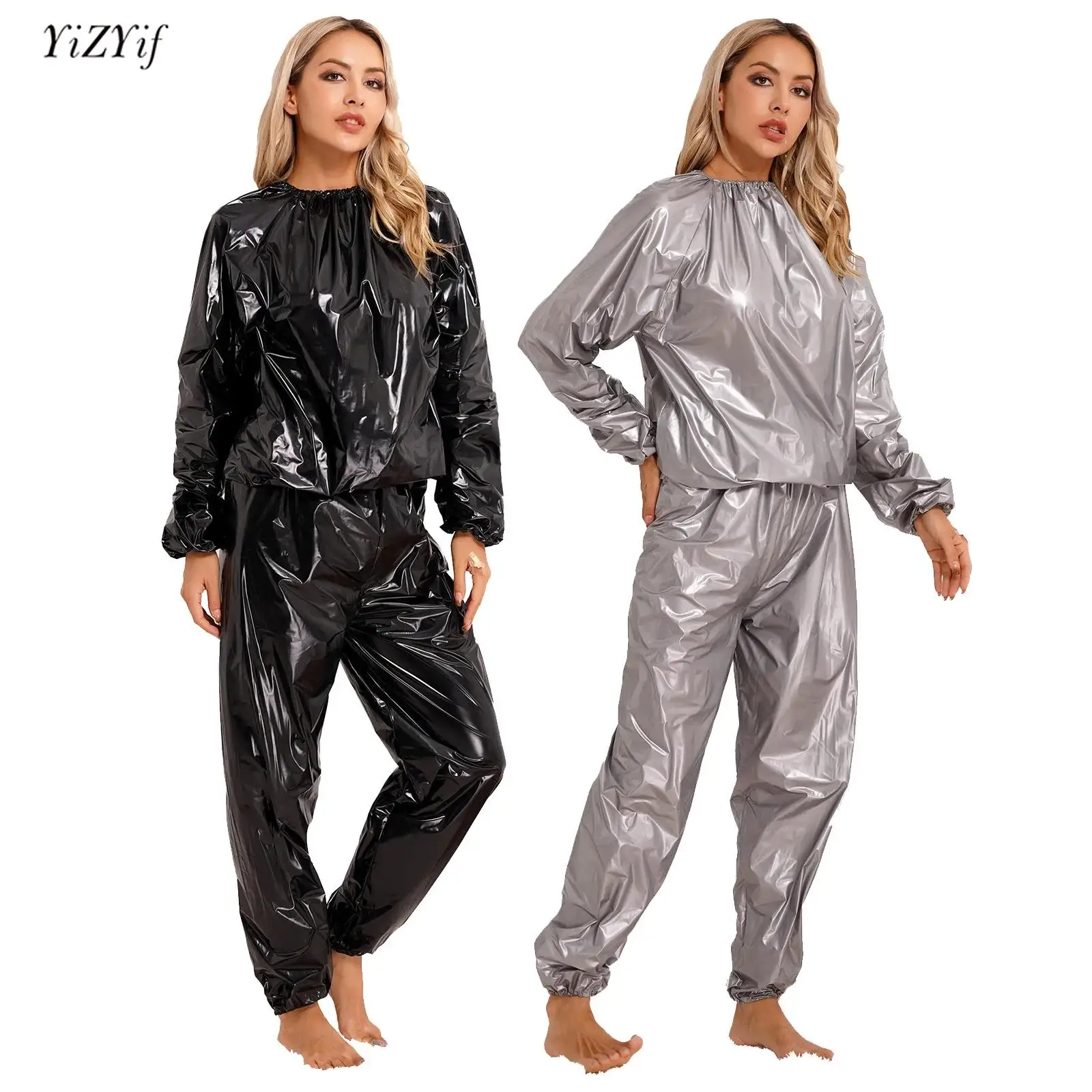 Pvc Sauna Sportpak Heren Dames Lange Mouw Elastische Manchet Top Broek Set Gewichtsverlies Zweetpak Fitness Gym Workout Pak L-4XL