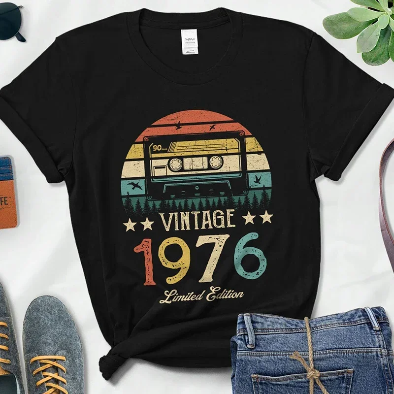 

2024 Vintage 1976 Limited Edition Retro Cassette Women T Shirt 48th 48 Years Old Birthday Party Girlfriend Gift Black T-shirt Fe