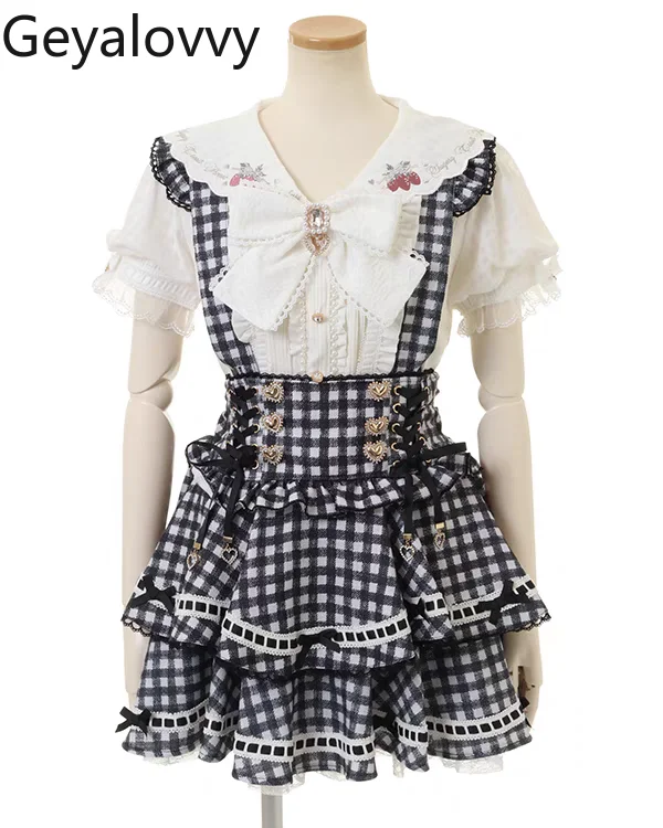 

Liz Japanese Sweet and Cute Girl Heavy Industry Printed Plaid Short Skirt College Style Versatile High Waist Bow Strap Skirts