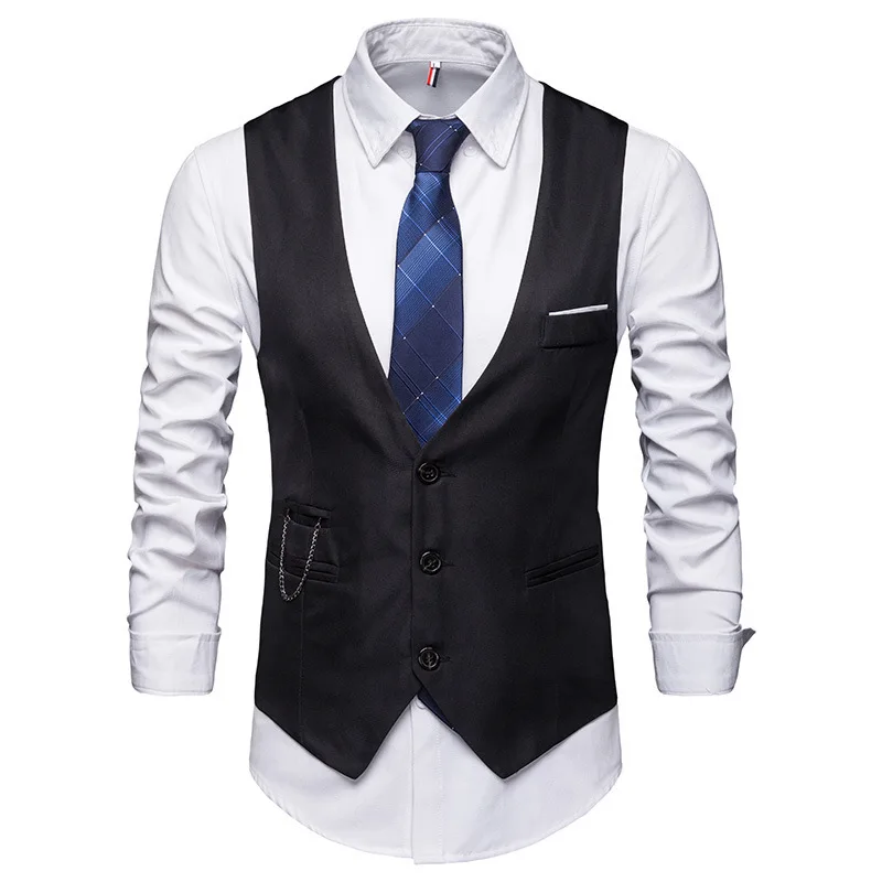 Summer New Men\'s Solid Color Suit Vest British Slim-Fitting Waistcoat Single Row Three Buckle Vest