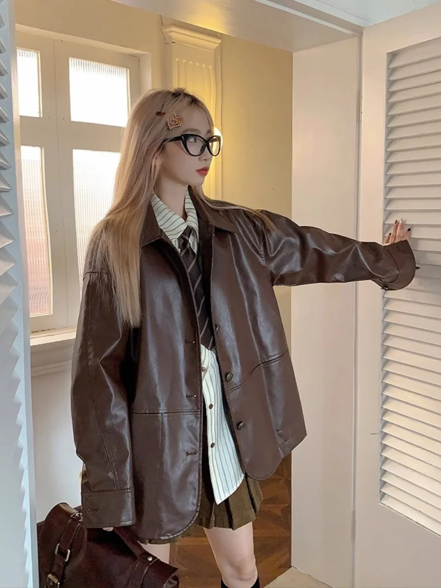Bruin PU-leer Jaet Dames Casual Bovenkleding Lente Herfst 2024 Nieuwe middellange losse pasvorm Kraag Lange Sve-jas
