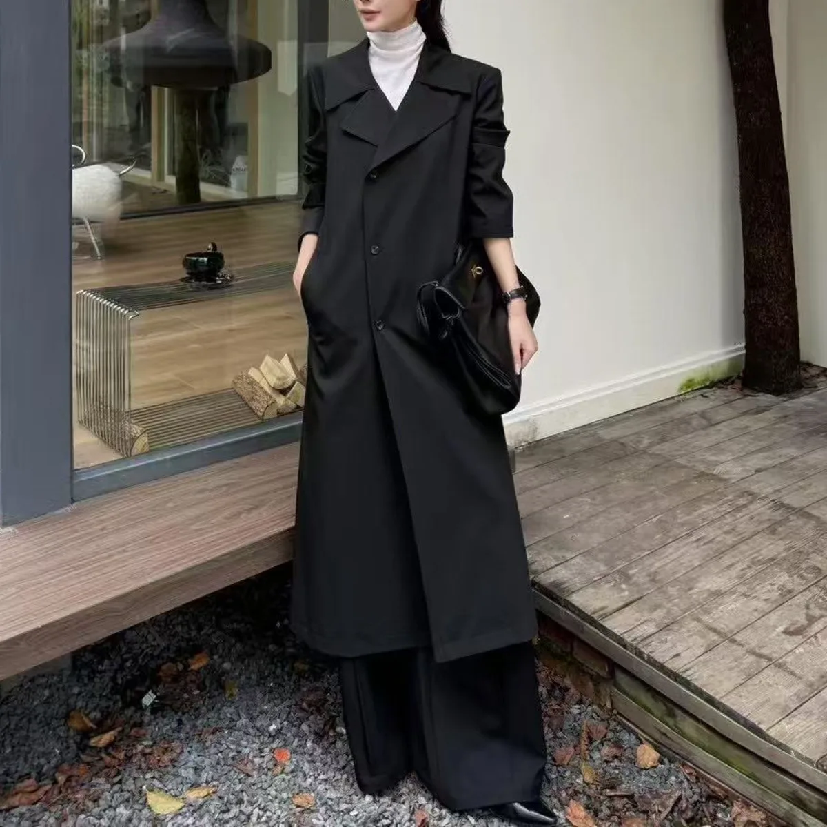 BJTZ Cappotto da donna di moda di media lunghezza 2025 Primavera Autunno Nuova giacca da donna da ufficio con temperamento in tinta unita con lacci e vita dentellata