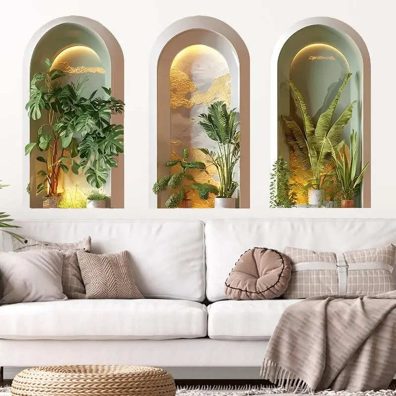 3Pcs Modern Marble Plant Print Self Adhesive Wallpaper Easy Install for Hallway Living Room Home Renovation