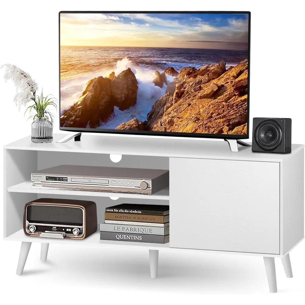 

TV Stand for 55 Inch TV, White Wood Television Stand 1 Cabinet Modern Entertainment Center with Storage Cabinet for Bedroom, Liv
