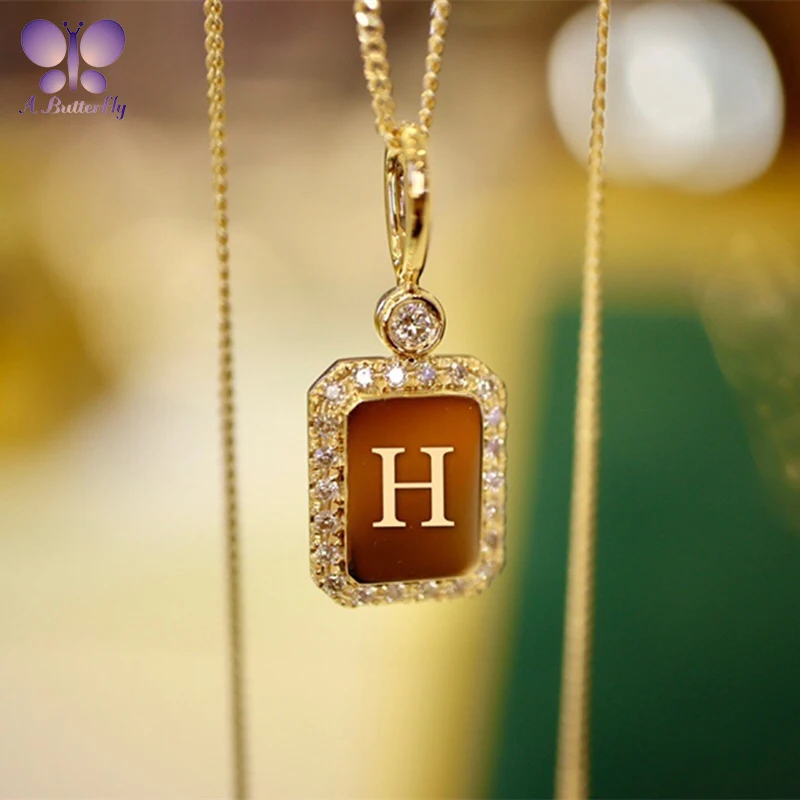 AButterfly 18K Yellow Gold Natural Diamond Octagonal Rectangle DIY Letter Women's Pendant Necklace Wedding Gift Fine Jewelry